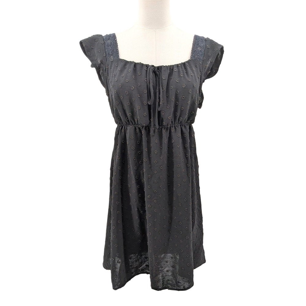 Boho Swiss Dot‎ milkmaid Babydoll Mini Dress Black Tie Front Luna Chix Large